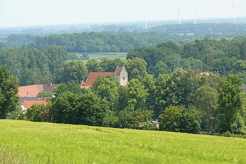 Blick auf Darup in seinem Tal: Im Vordergrund ein Getreidefeld, im Bildmittelpunkt die Sandsteinkirche in der Parklandschaft mit Bäumen und Sträuchern.